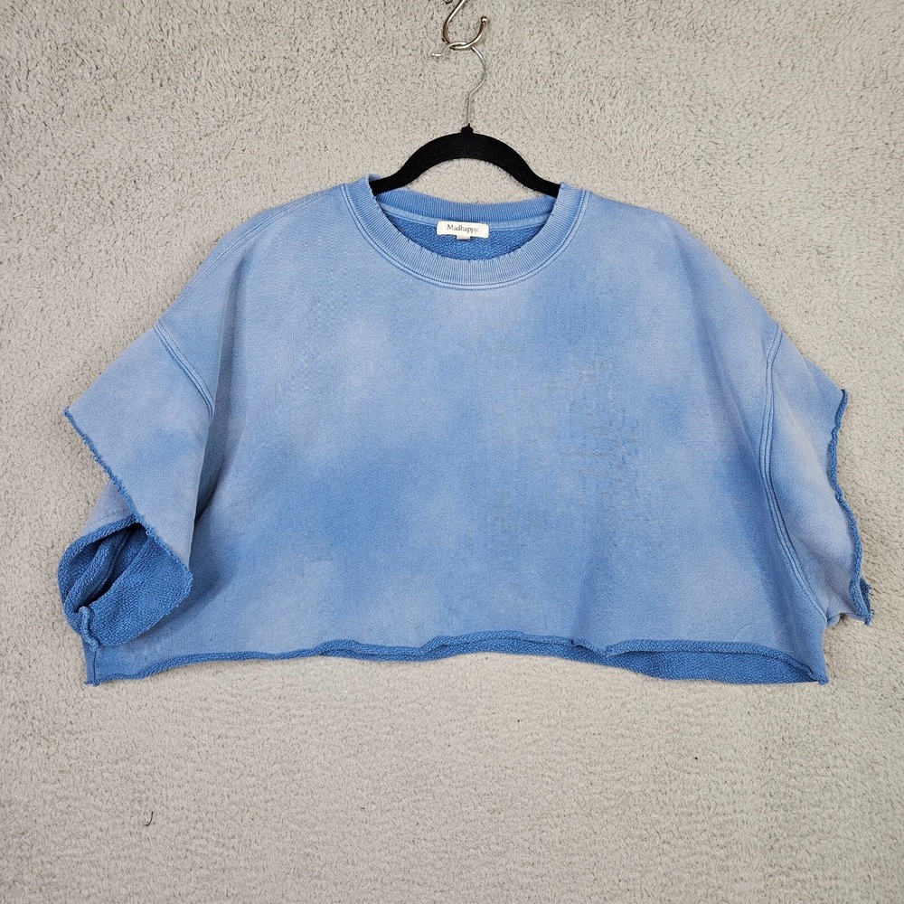 Madhappy Women's Large Blue Faded Cropped Short Sleeve Sweatshirt Raw Hem Boxy